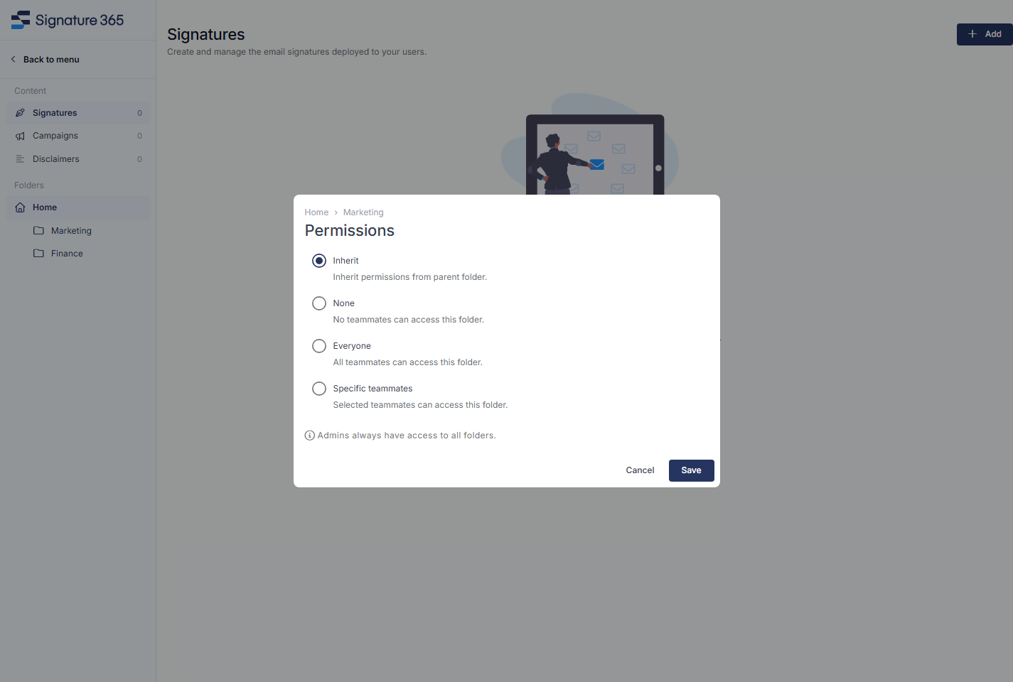 Permissions for the Marketing folder, with Inherit selected and None, Everyone and Specific teammates available.
